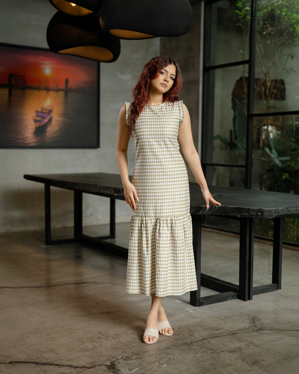 Ruffled Hem Printed Long Dress