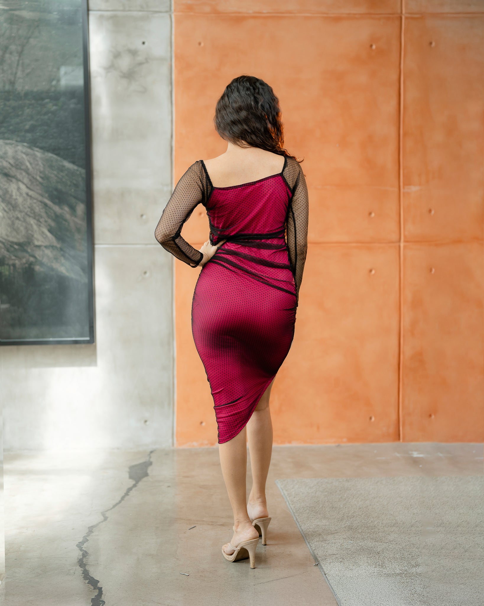 Long Sleeve Gathered Mesh Dress