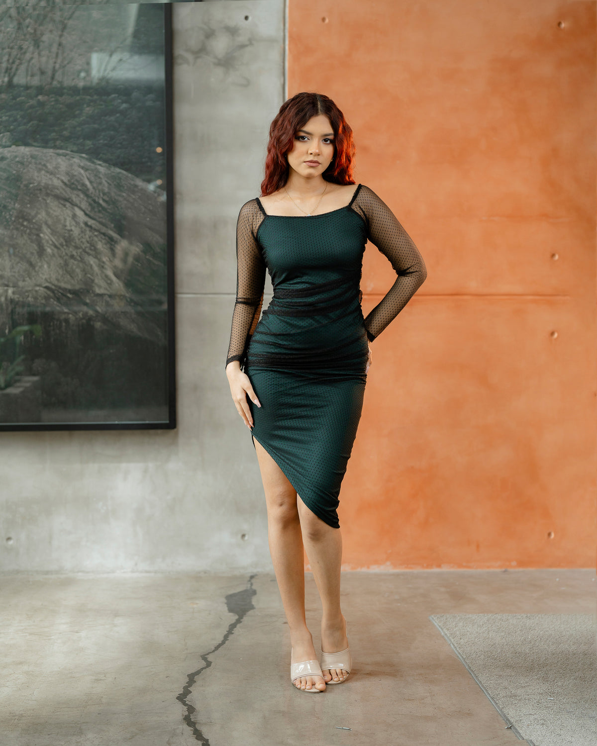 Long Sleeve Gathered Mesh Dress