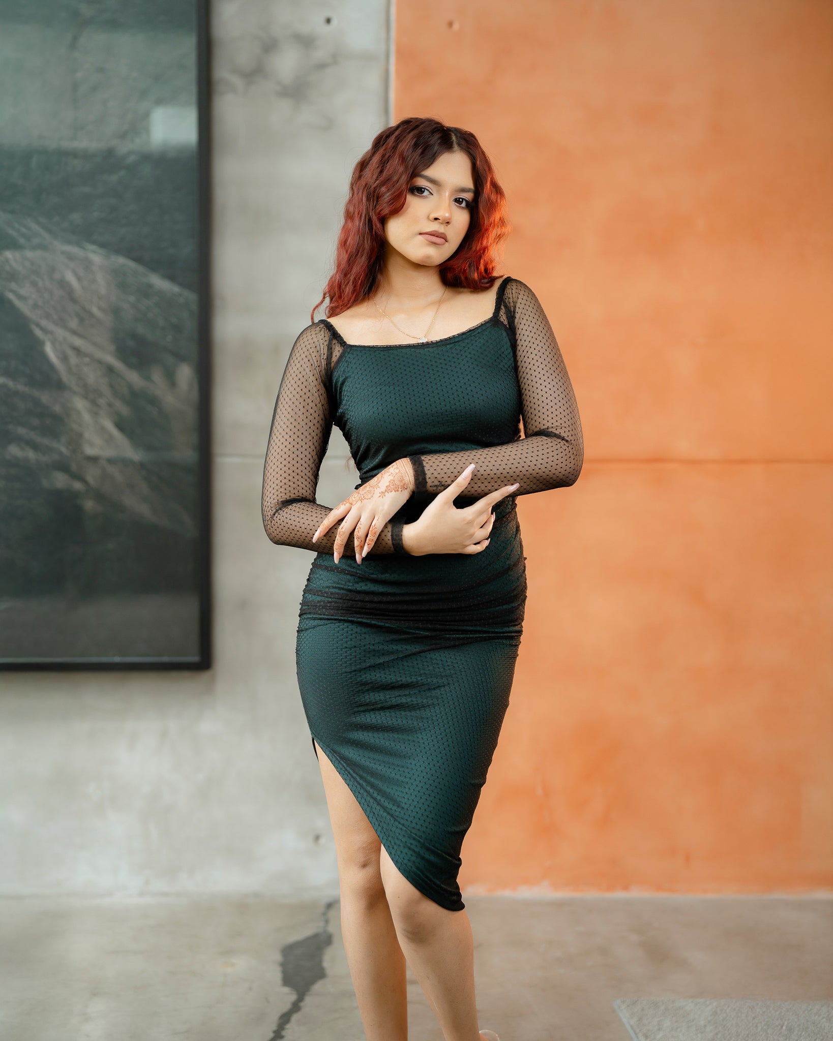 Long Sleeve Gathered Mesh Dress