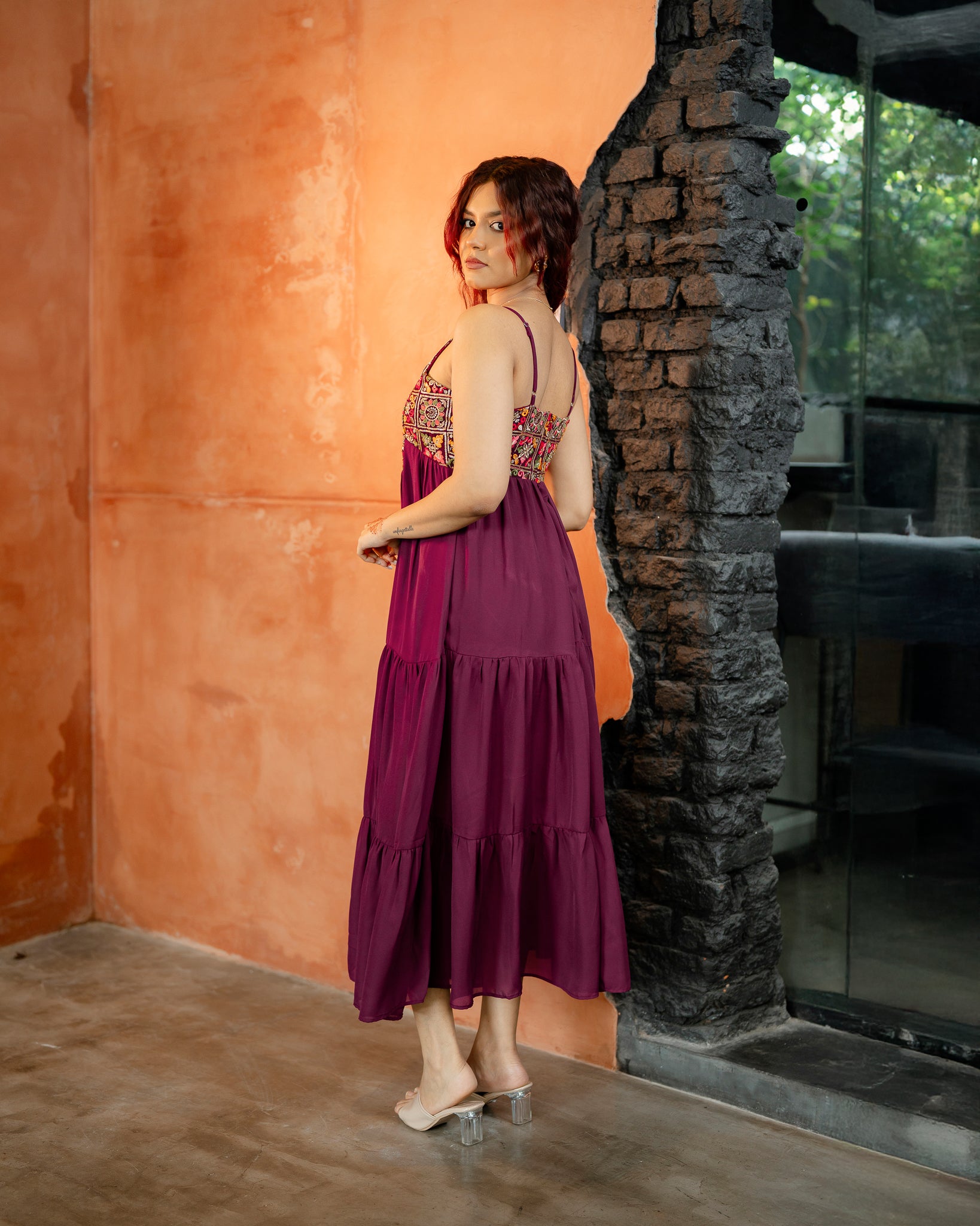 Gold Detail Strappy Ruffle Hem Dress